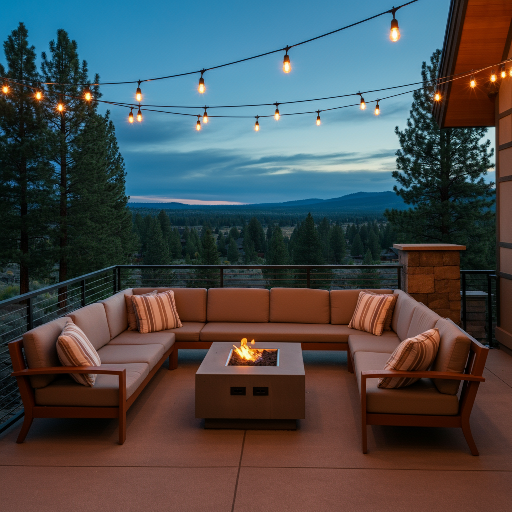 Elegant outdoor patio with a U-shaped sectional sofa surrounding a fire pit, illuminated by string lights against a twilight sky and forested mountain horizon.