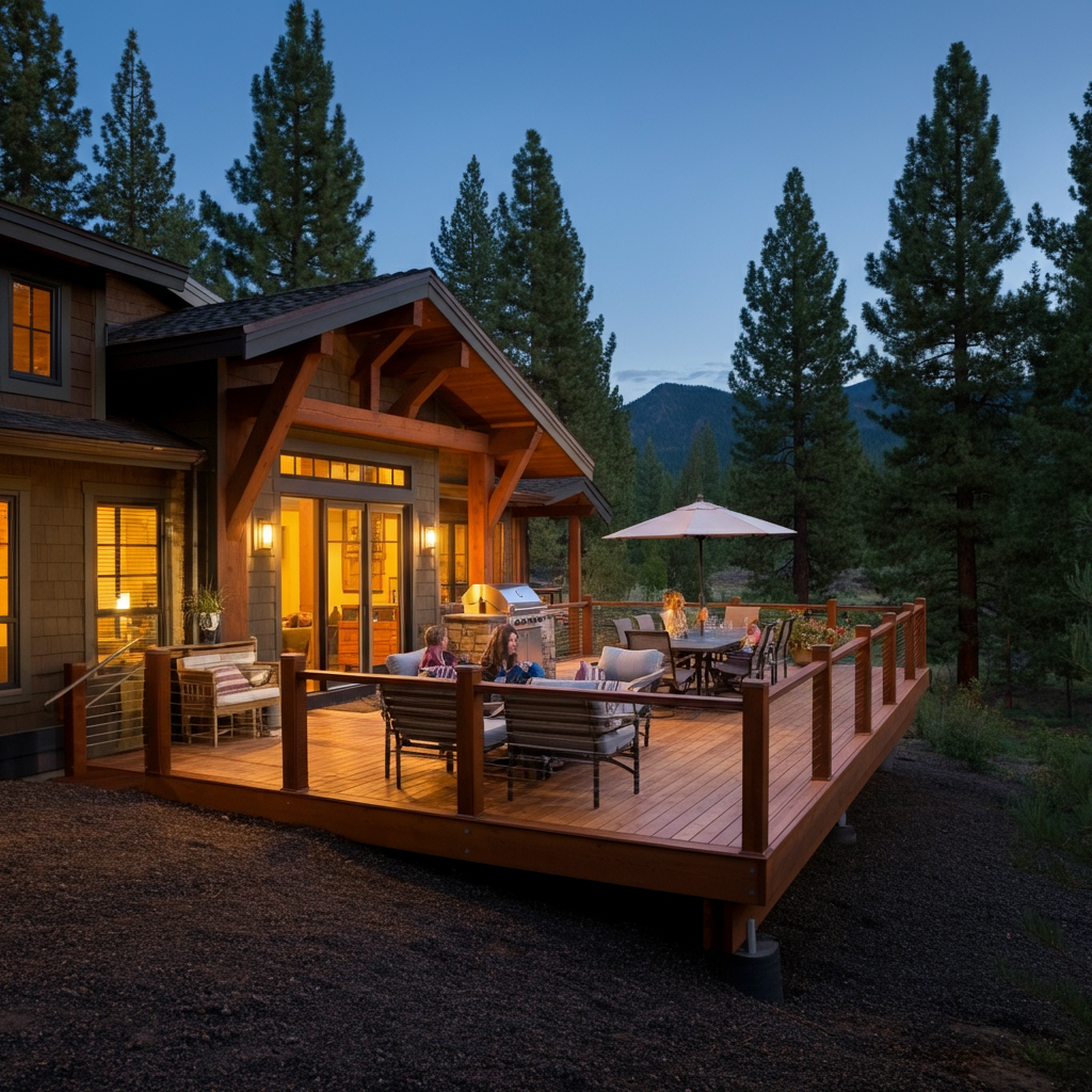 Beautifully lit custom wooden deck at dusk, featuring outdoor seating, a grill, and guests enjoying the view of tall pines and distant mountains.